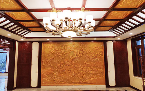 东莞生态园中式别墅客厅中式木作横梁吊顶装饰展示
